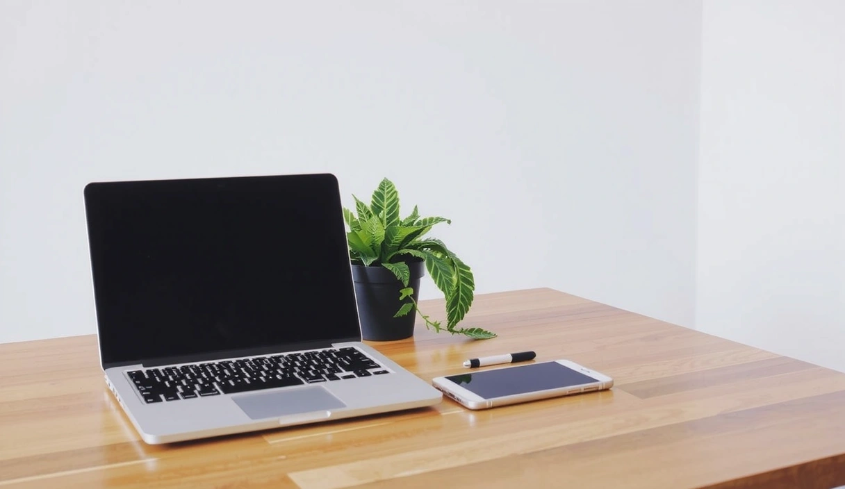 Modernes, sauberes Büro mit Laptop, Telefon und Pflanze, symbolisiert Kommunikation