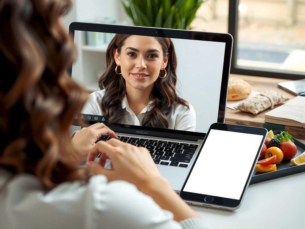 Eine Person nimmt an einem Videoanruf auf einem Laptop teil, mit einer gesunden Mahlzeit im Hintergrund, die eine bequeme und professionelle Online-Ernährungsberatung symbolisiert. Kein Text.